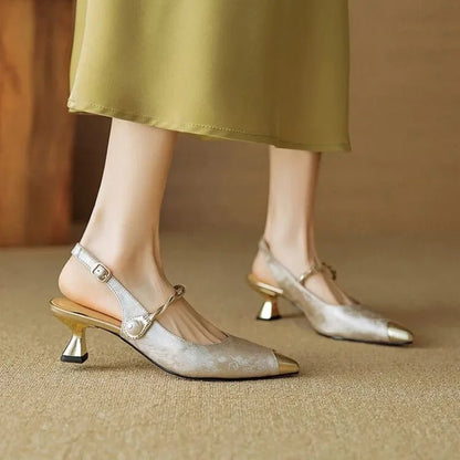 Women's Jacquard Kitten-Heel Slingback Pumps with Twisted Pearl Strap