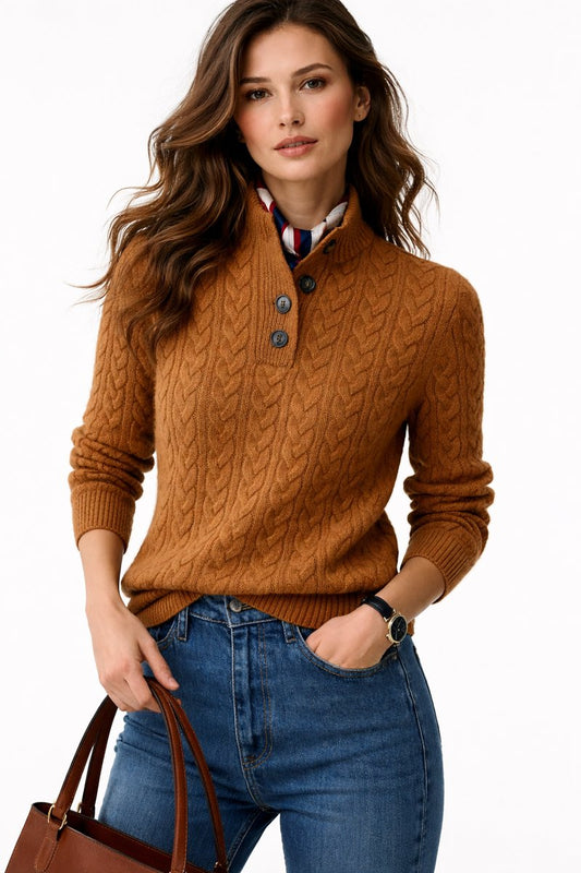 Wool-Blend Stand-Collar Buttoned Cable-Knit Sweater for Women