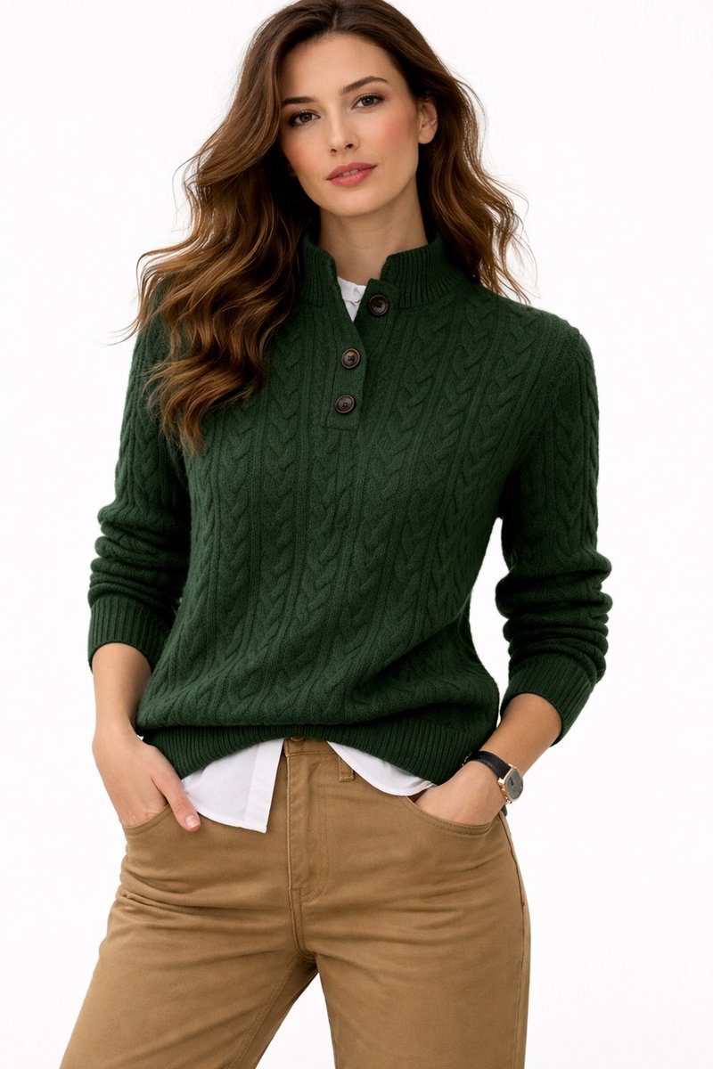 Wool-Blend Stand-Collar Buttoned Cable-Knit Sweater for Women