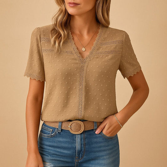 Women's Swiss Dot Lace V-Neck Short Sleeve Top
