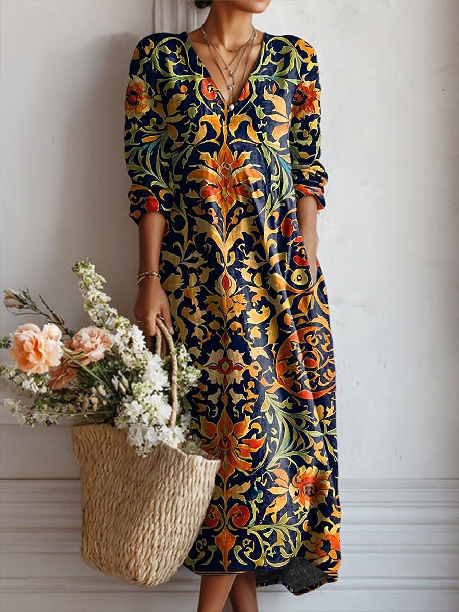 Baroque Pattern Cotton V-Neck Midi Dress for Women