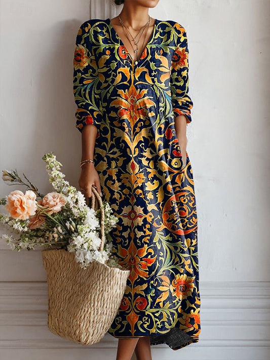 Baroque Pattern Cotton V-Neck Midi Dress for Women