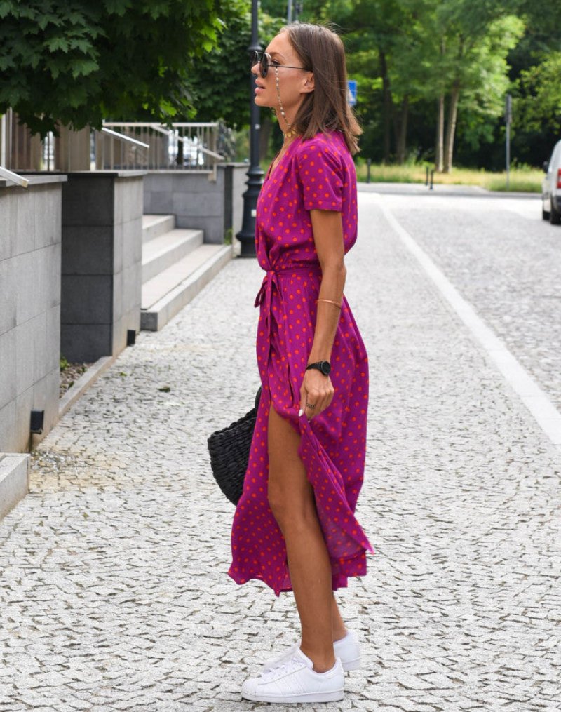 Women's V-Neck Floral Cotton Wrap Midi Dress with Waist Tie