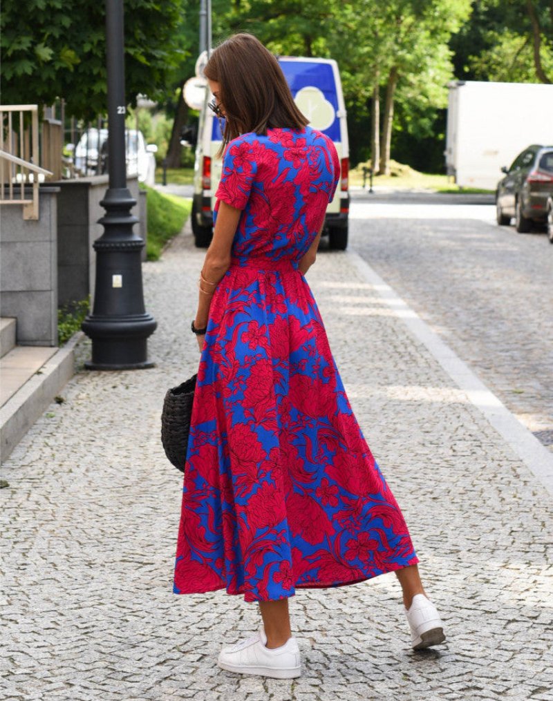 Women's V-Neck Floral Cotton Wrap Midi Dress with Waist Tie