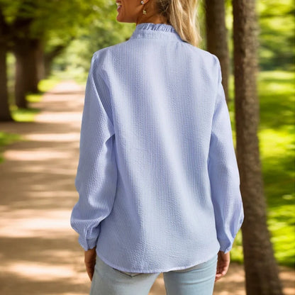 Women's Long-Sleeve Ruffle-Trim Cotton Button-Down Blouse
