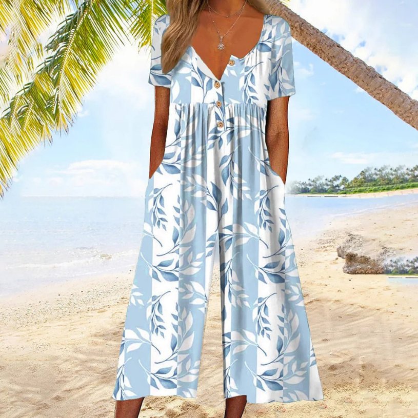 Women's Short Sleeve Button-Front V-Neck Cotton Culotte Jumpsuit