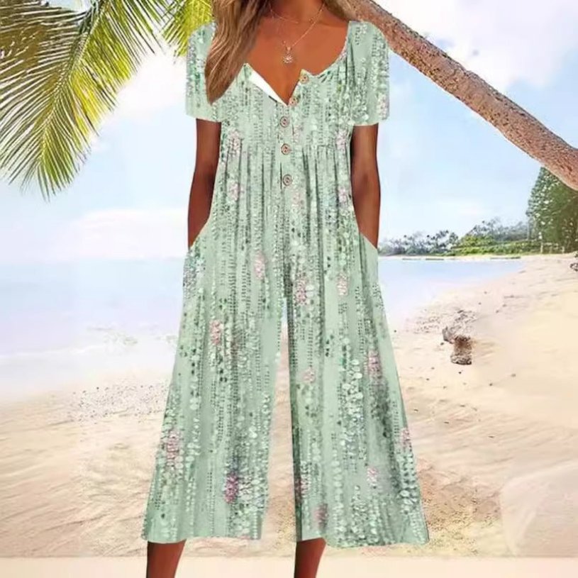 Women's Short Sleeve Button-Front V-Neck Cotton Culotte Jumpsuit