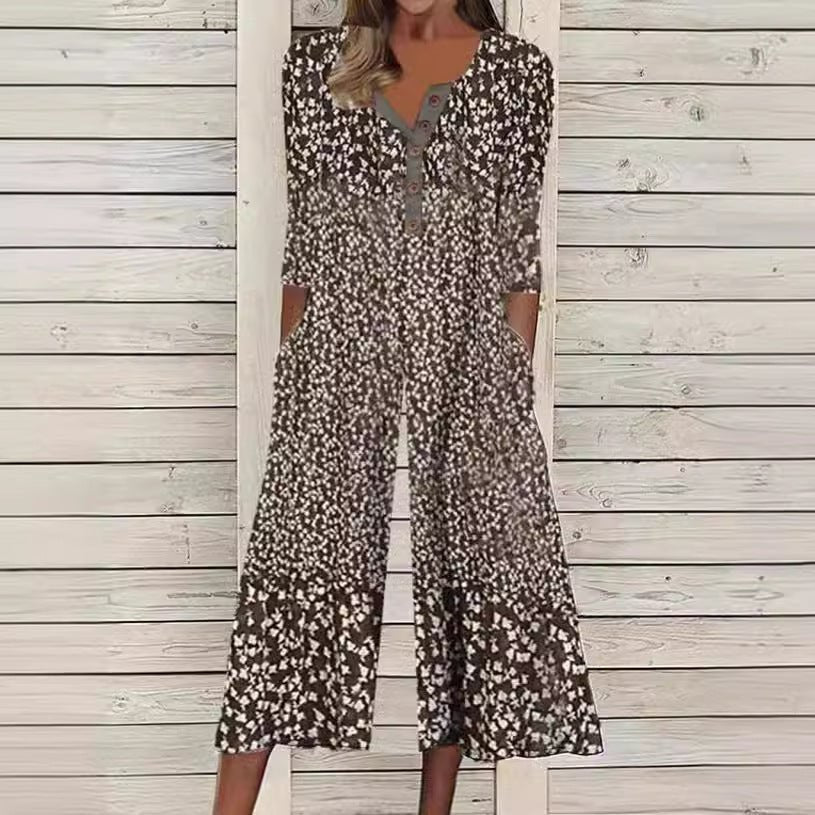 Women's Short Sleeve Button-Front V-Neck Cotton Culotte Jumpsuit
