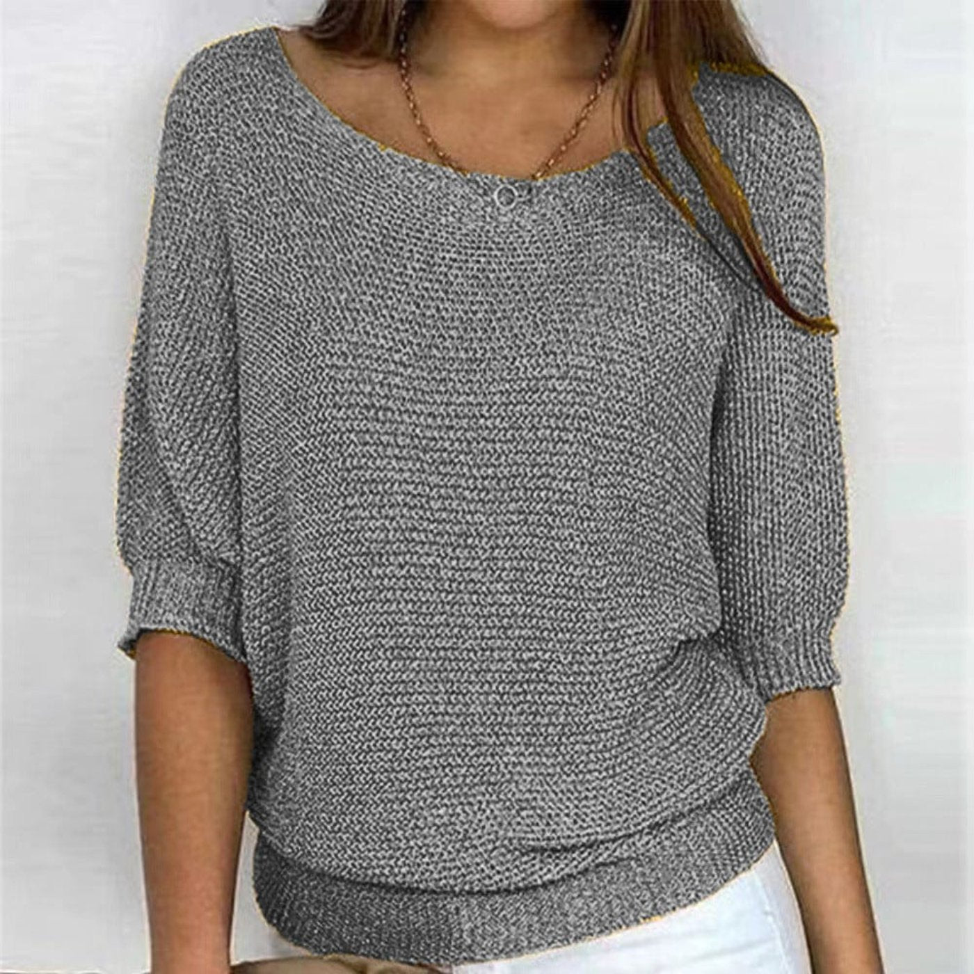Three-Quarter Sleeve Cotton-Blend Slouchy Knit Top for Women
