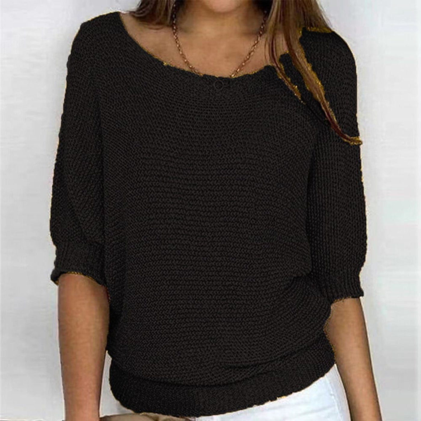 Three-Quarter Sleeve Cotton-Blend Slouchy Knit Top for Women