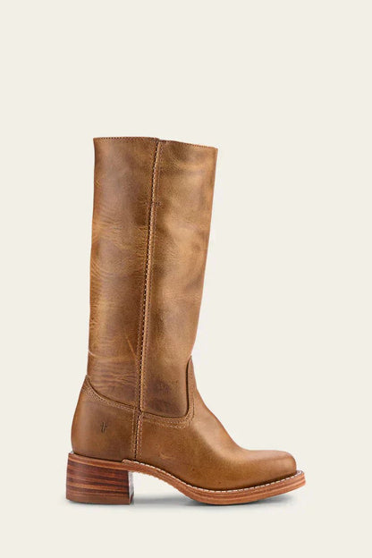 Fitted Leather Knee-High Boots with Chunky Tread Sole for Women
