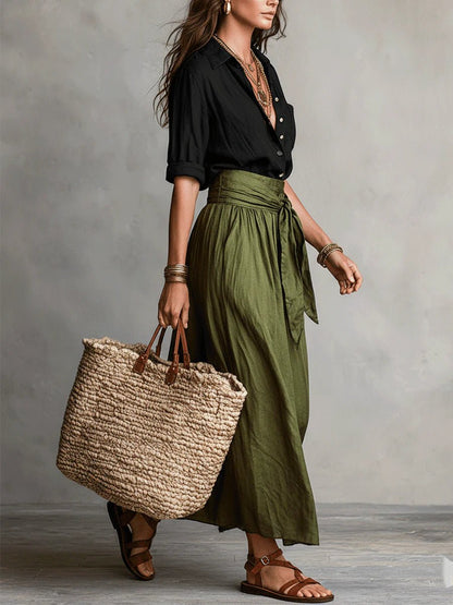 Button-Front Crop Top and High-Waisted Maxi Skirt Set for Women