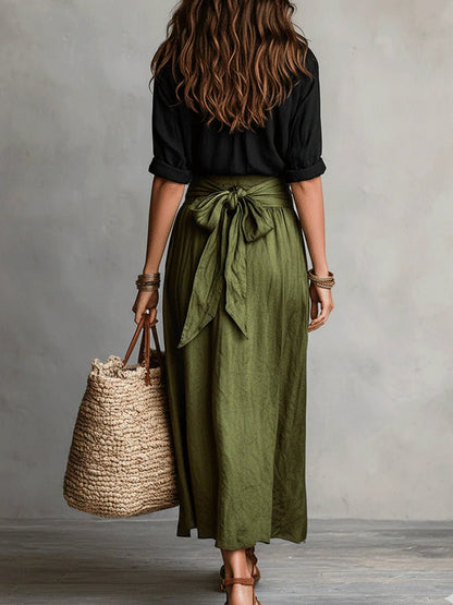 Button-Front Crop Top and High-Waisted Maxi Skirt Set for Women