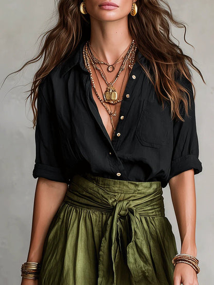 Button-Front Crop Top and High-Waisted Maxi Skirt Set for Women