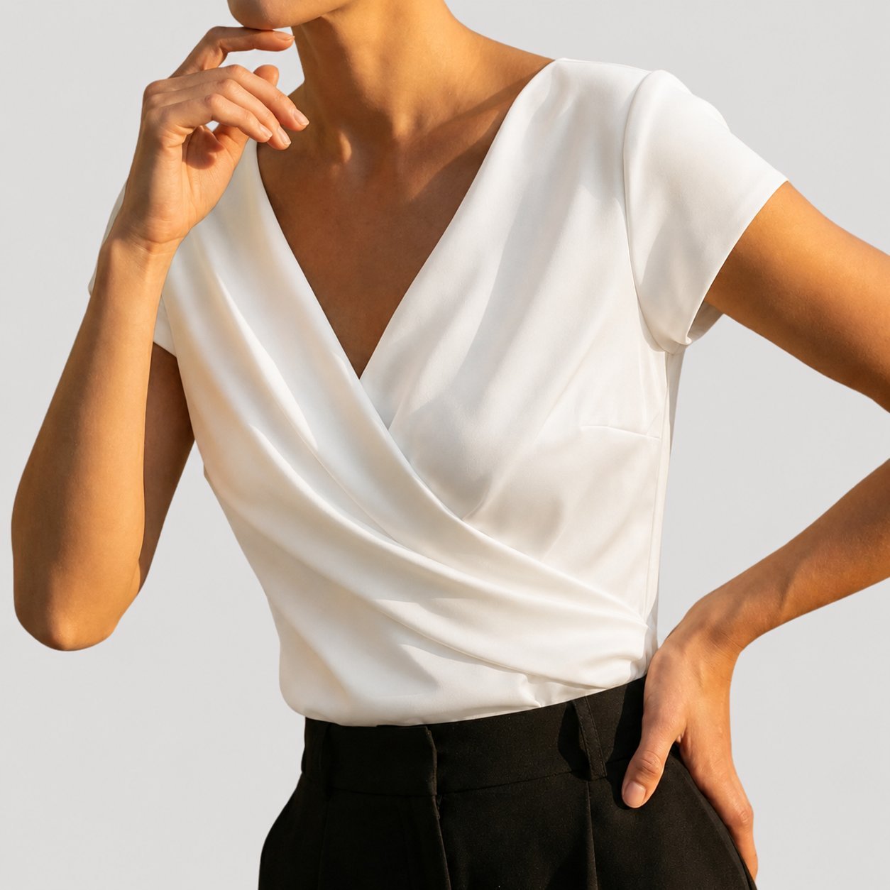 Women's Draped Short-Sleeve V-Neck Wrap Blouse