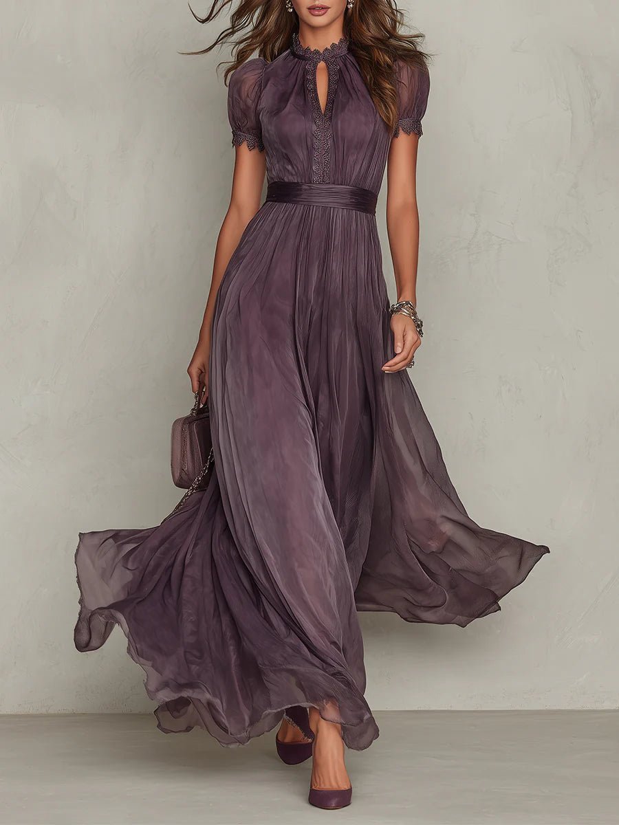 Women's Keyhole Neck Chiffon and Lace Short Sleeve Maxi Dress