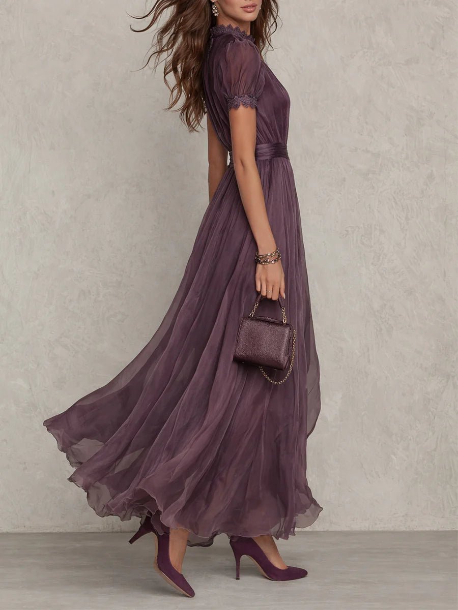 Women's Keyhole Neck Chiffon and Lace Short Sleeve Maxi Dress