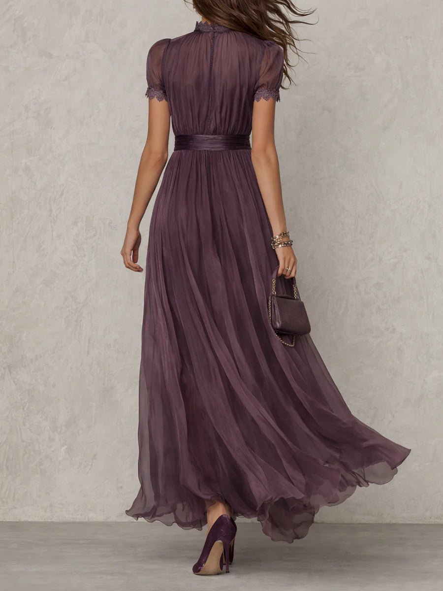 Women's Keyhole Neck Chiffon and Lace Short Sleeve Maxi Dress