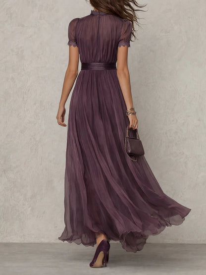 Women's Keyhole Neck Chiffon and Lace Short Sleeve Maxi Dress