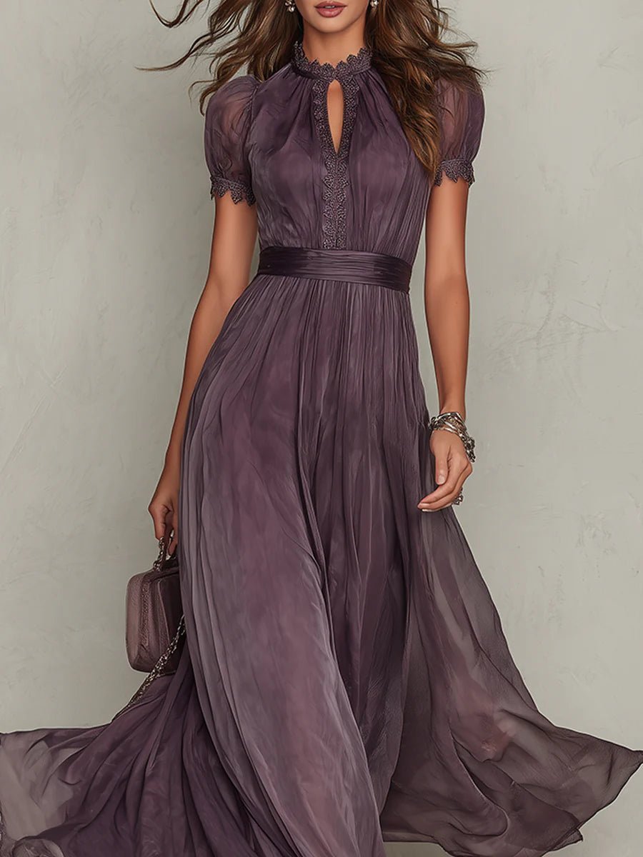 Women's Keyhole Neck Chiffon and Lace Short Sleeve Maxi Dress