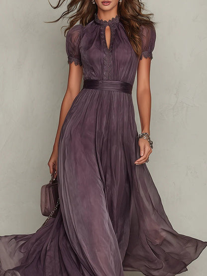 Women's Keyhole Neck Chiffon and Lace Short Sleeve Maxi Dress