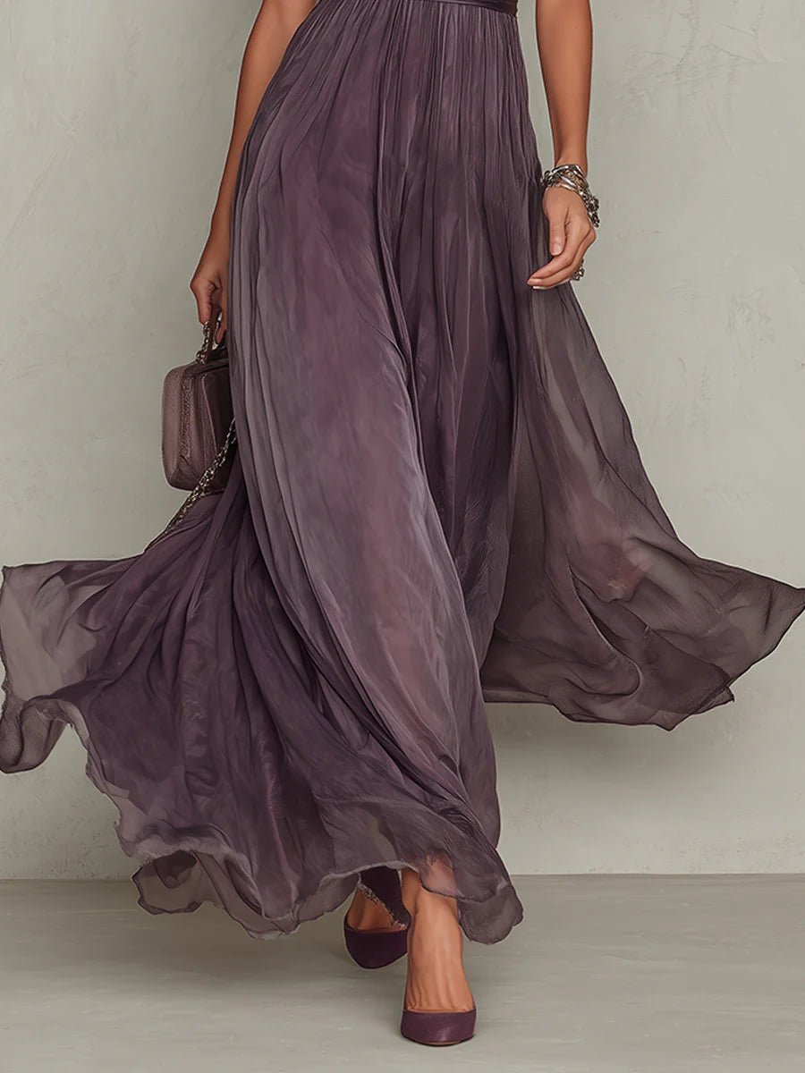 Women's Keyhole Neck Chiffon and Lace Short Sleeve Maxi Dress