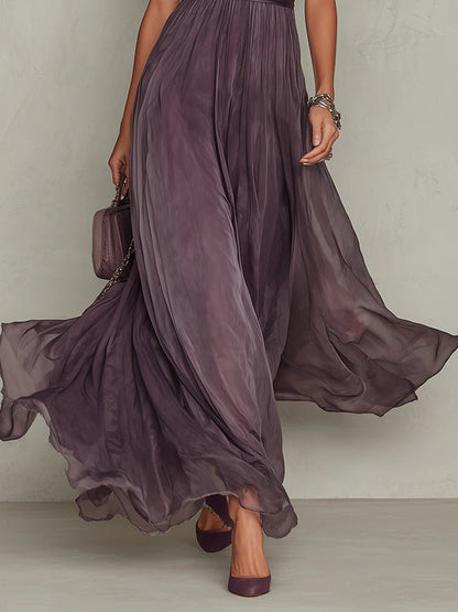 Women's Keyhole Neck Chiffon and Lace Short Sleeve Maxi Dress