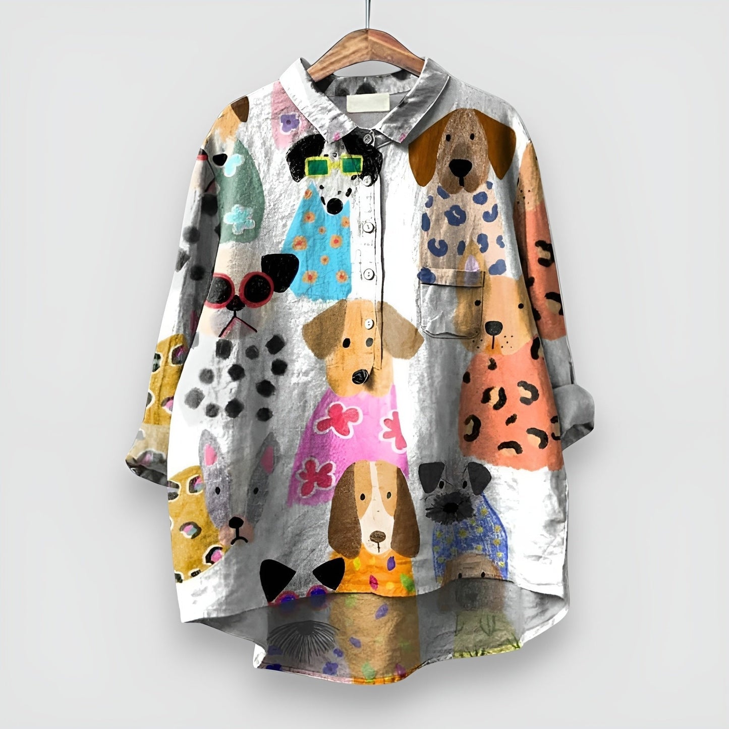 Women's Dog Pattern Long-Sleeve Collared Button-Down Shirt