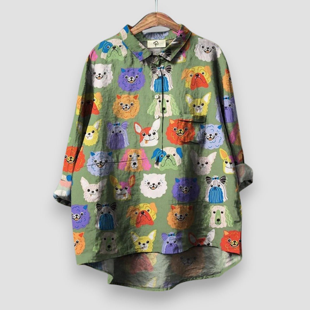 Women's Dog Pattern Long-Sleeve Collared Button-Down Shirt