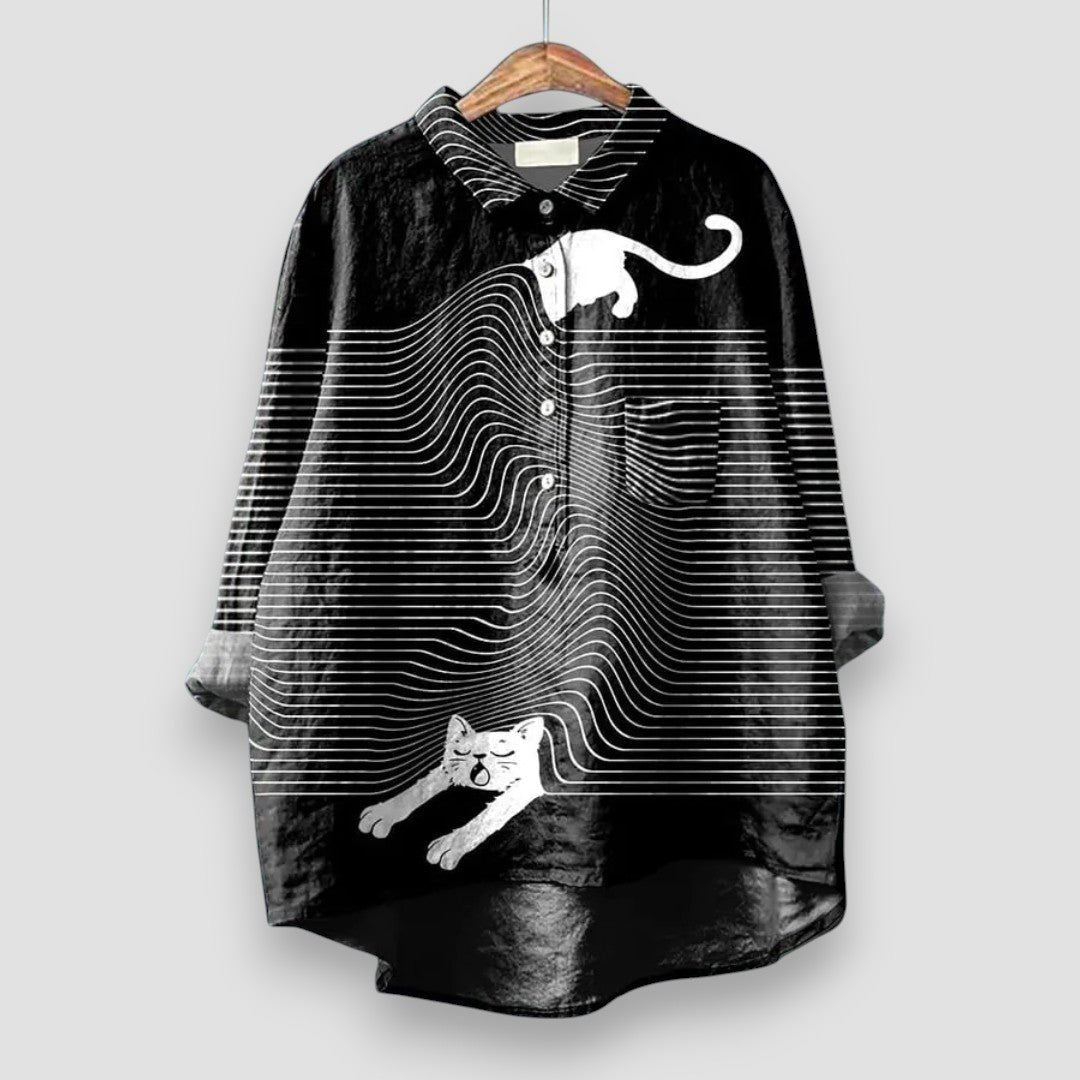 Women's Dog Pattern Long-Sleeve Collared Button-Down Shirt