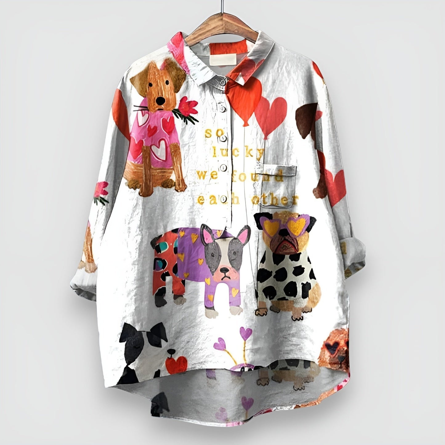 Women's Dog Pattern Long-Sleeve Collared Button-Down Shirt