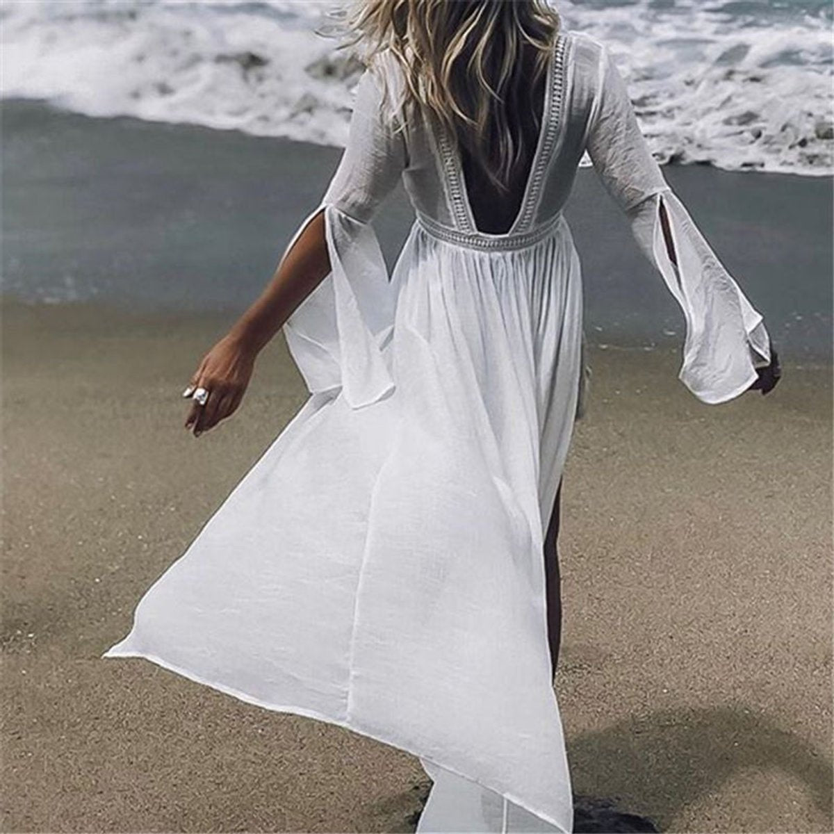 Women's Flowy Open-Back Maxi Kimono Beach Tunic