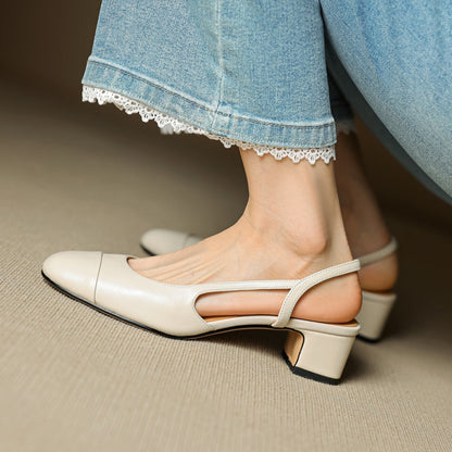 Women's Almond-Toe Leather Slingback Block-Heel Pumps