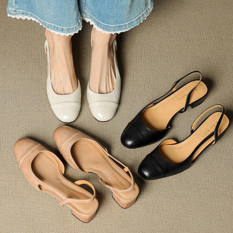 Women's Almond-Toe Leather Slingback Block-Heel Pumps