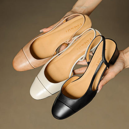 Women's Almond-Toe Leather Slingback Block-Heel Pumps