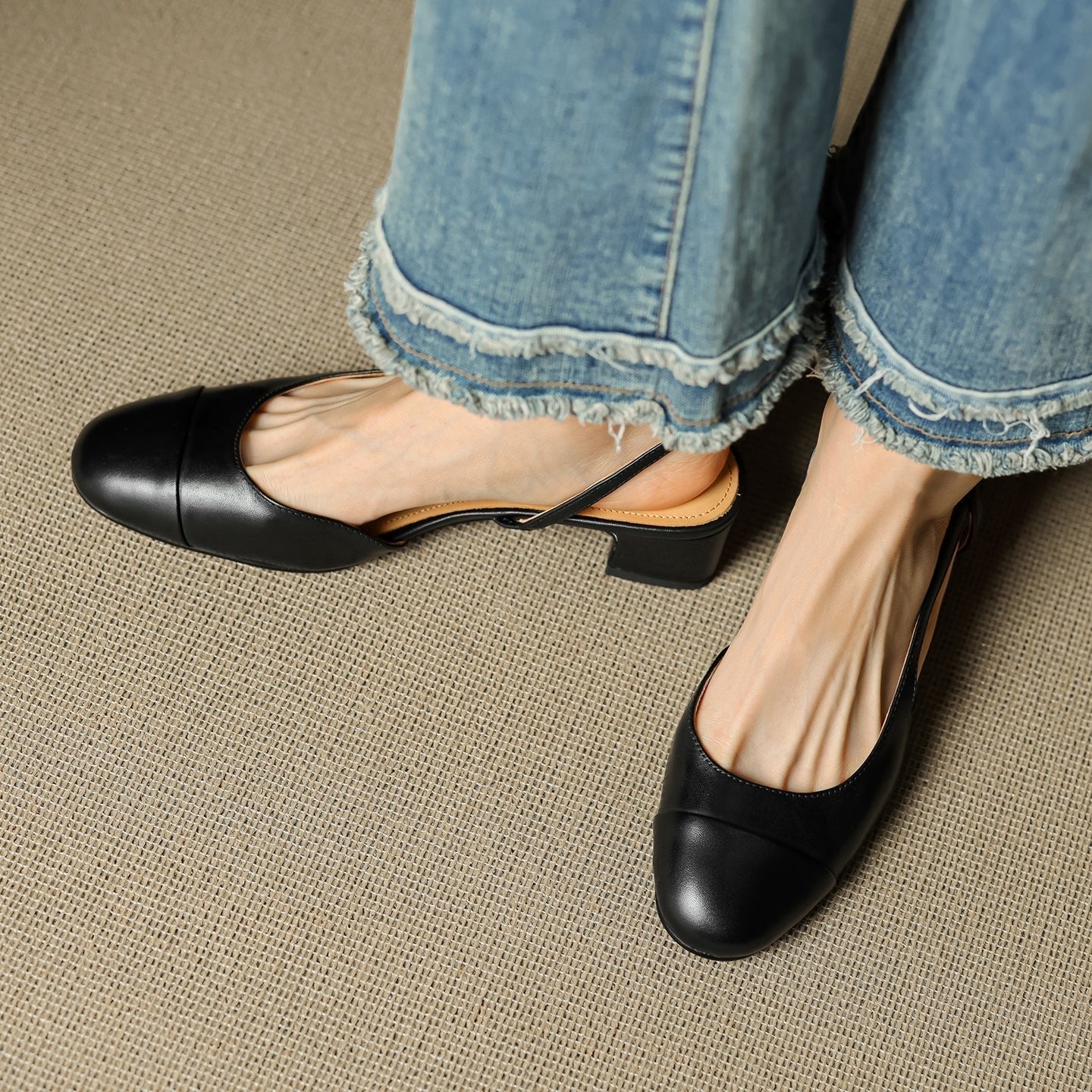 Women's Almond-Toe Leather Slingback Block-Heel Pumps