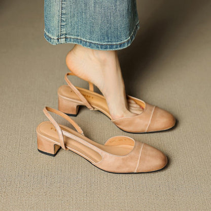 Women's Almond-Toe Leather Slingback Block-Heel Pumps