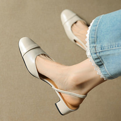 Women's Almond-Toe Leather Slingback Block-Heel Pumps