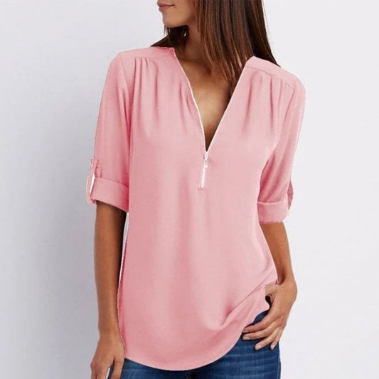 Women's Lightweight V-Neck Half-Zip Blouse with Roll-Tab Sleeves