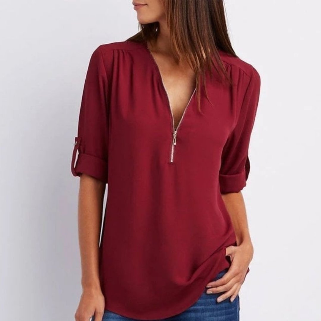 Women's Lightweight V-Neck Half-Zip Blouse with Roll-Tab Sleeves