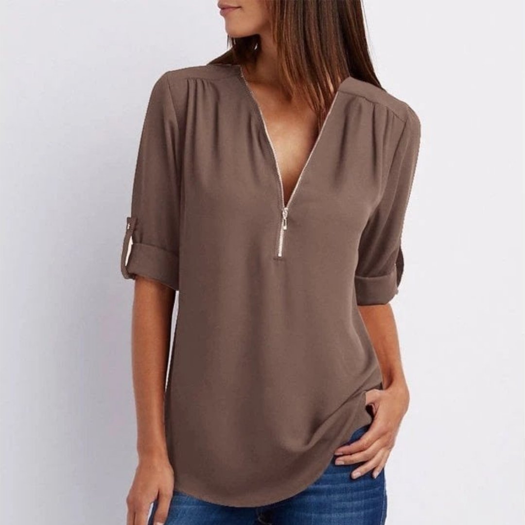 Women's Lightweight V-Neck Half-Zip Blouse with Roll-Tab Sleeves