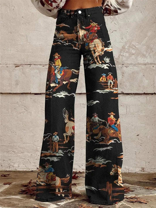 Women's High-Rise Western Pattern Linen-Texture Wide Jeans