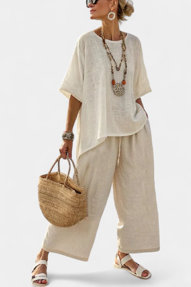 Asymmetric Linen Blouse and Wide-Leg Pants Two-Piece Set for Women