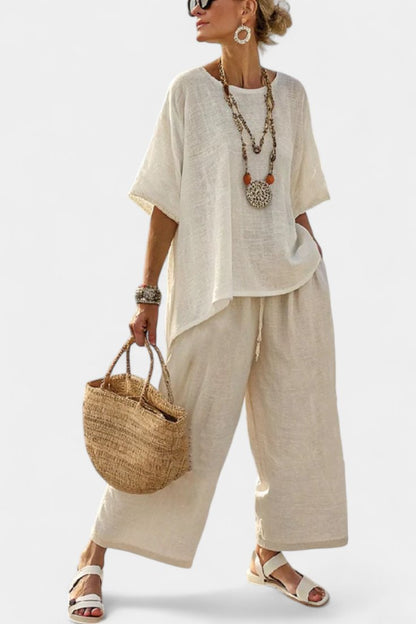 Asymmetric Linen Blouse and Wide-Leg Pants Two-Piece Set for Women