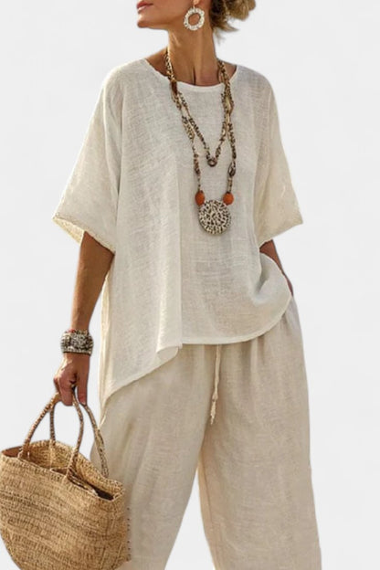 Asymmetric Linen Blouse and Wide-Leg Pants Two-Piece Set for Women