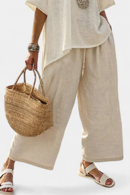 Asymmetric Linen Blouse and Wide-Leg Pants Two-Piece Set for Women