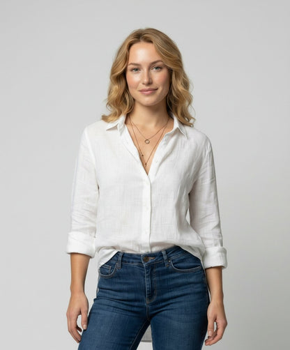 Collared 3/4 Sleeve Linen Blouse for Women