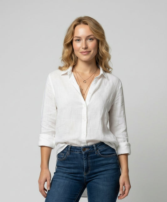 Collared 3/4 Sleeve Linen Blouse for Women