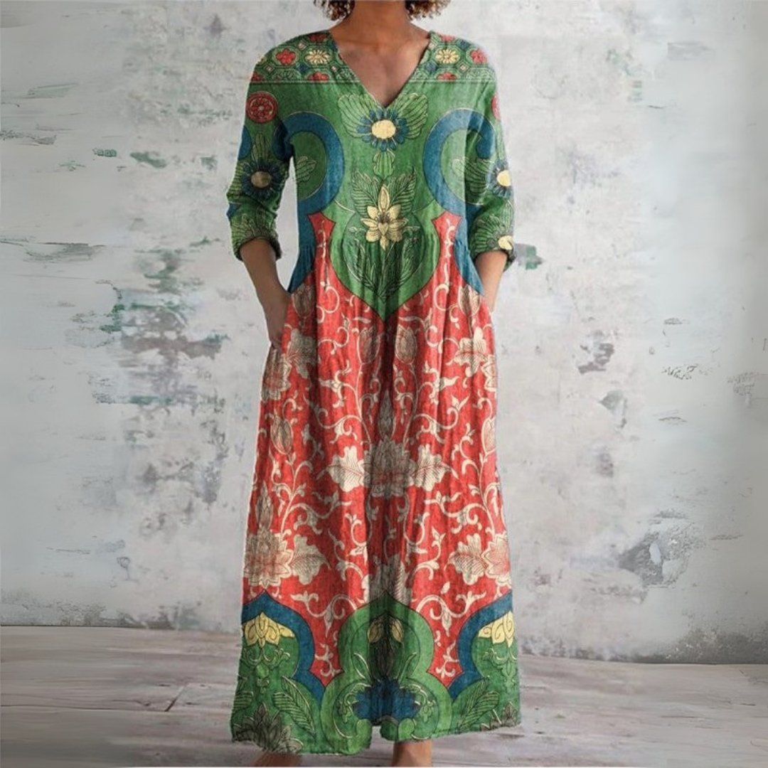 Women's Ethnic Pattern V-Neck Linen Bohemian Maxi Dress