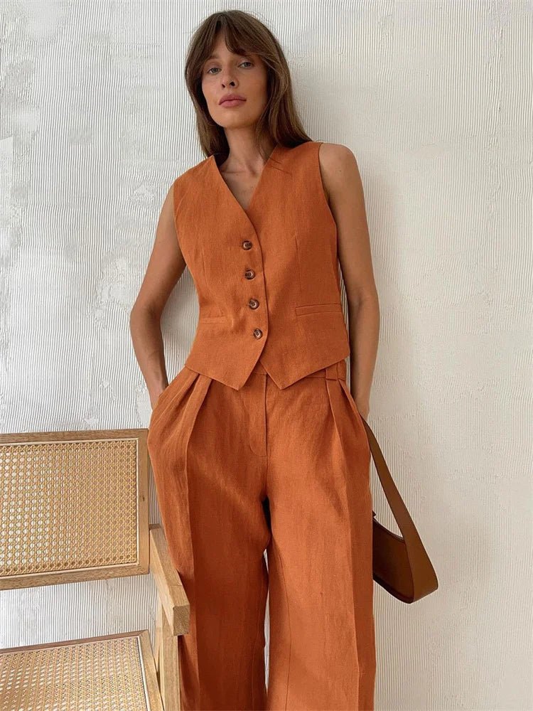 Wide-Leg Linen Jumpsuit with Matching Jacket for Women